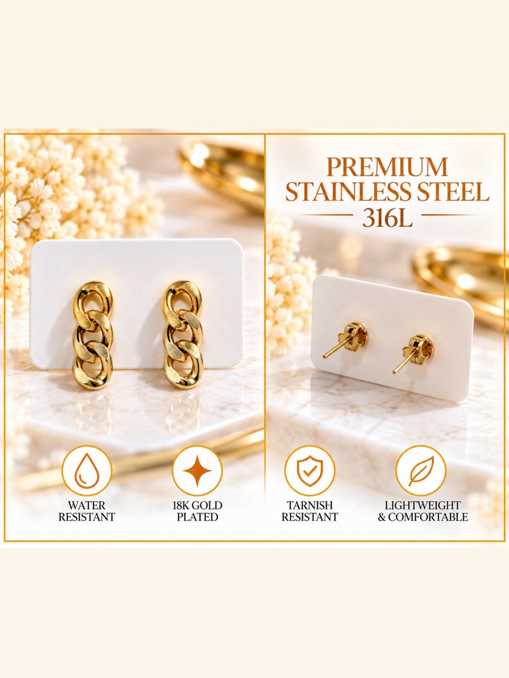 Gold Chain Link Stud Earrings - 18K Gold Plated